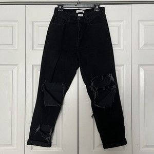 Vibrant MIU Women Jean Mom Black High Rise Distressed Stretch Size 7 (W/27)